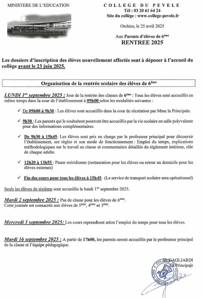 6e : organisation de la rentrée scolaire 2025/2026