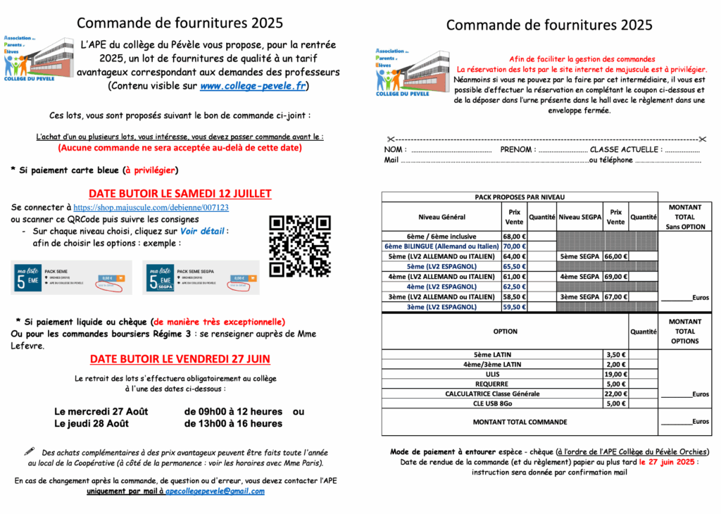 Commandes fournitures APE rentrée 2025/2026