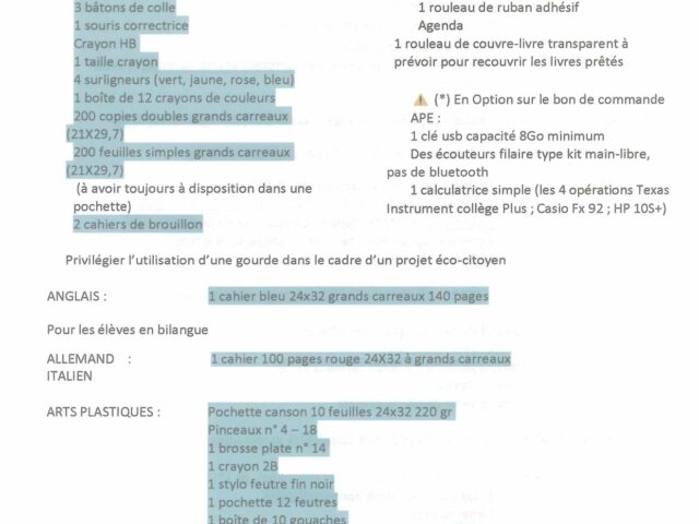 Fournitures scolaires 2026-2027